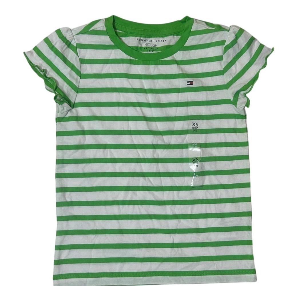 Tommy Hilfiger Striped T-Shirt Girls XS (4-5) Green New With Tags Flutter Sleeve
